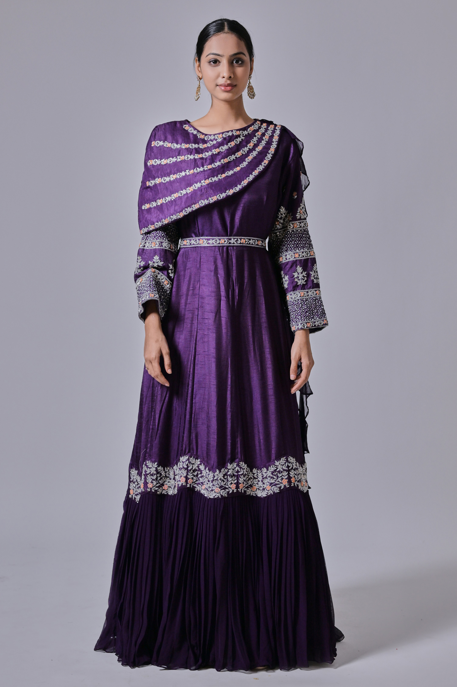 Purple Raw Silk Hand Embroidered Frilled Gown